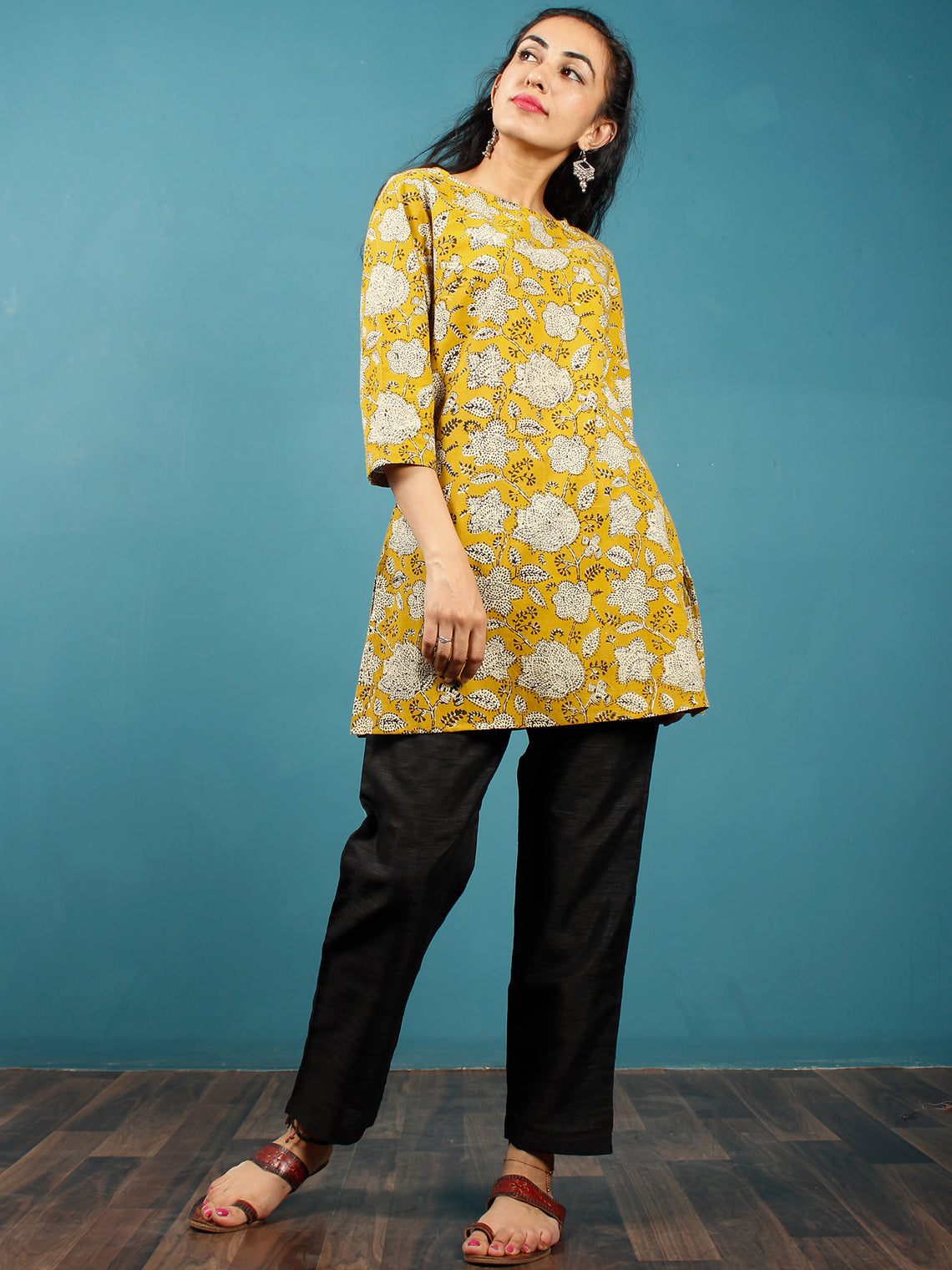 Mustard Beige Black Hand Block Printed Cotton Top - T41F1376 – InduBindu