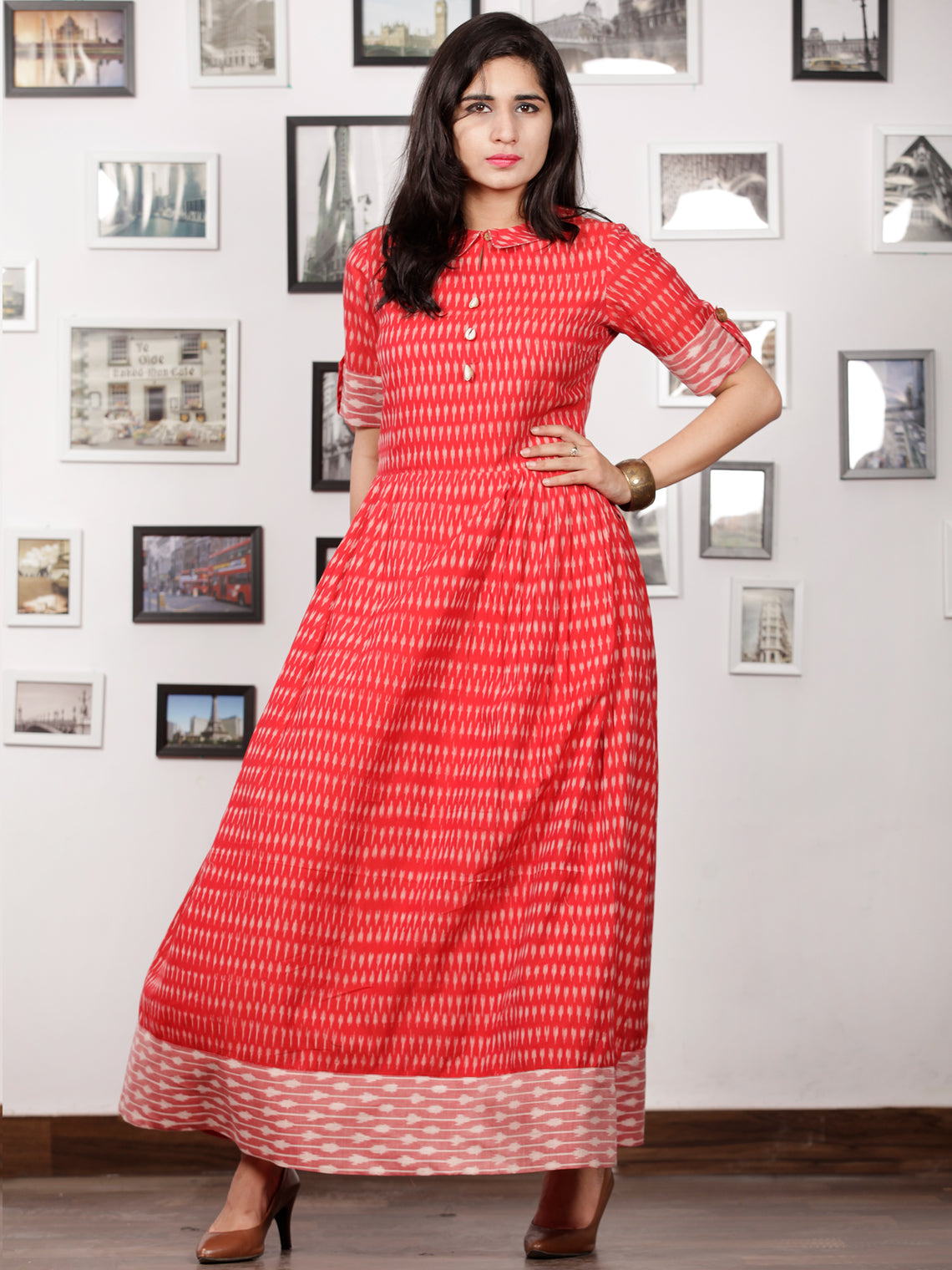 Red Ivory Wine Pink Handloom Mercerised Ikat Long Cotton Dress With Ka ...