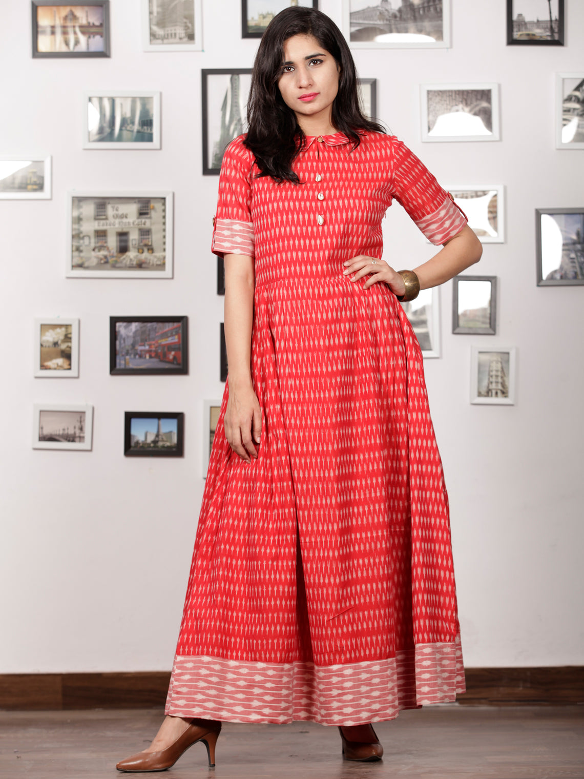 Red Ivory Wine Pink Handloom Mercerised Ikat Long Cotton Dress With Ka ...