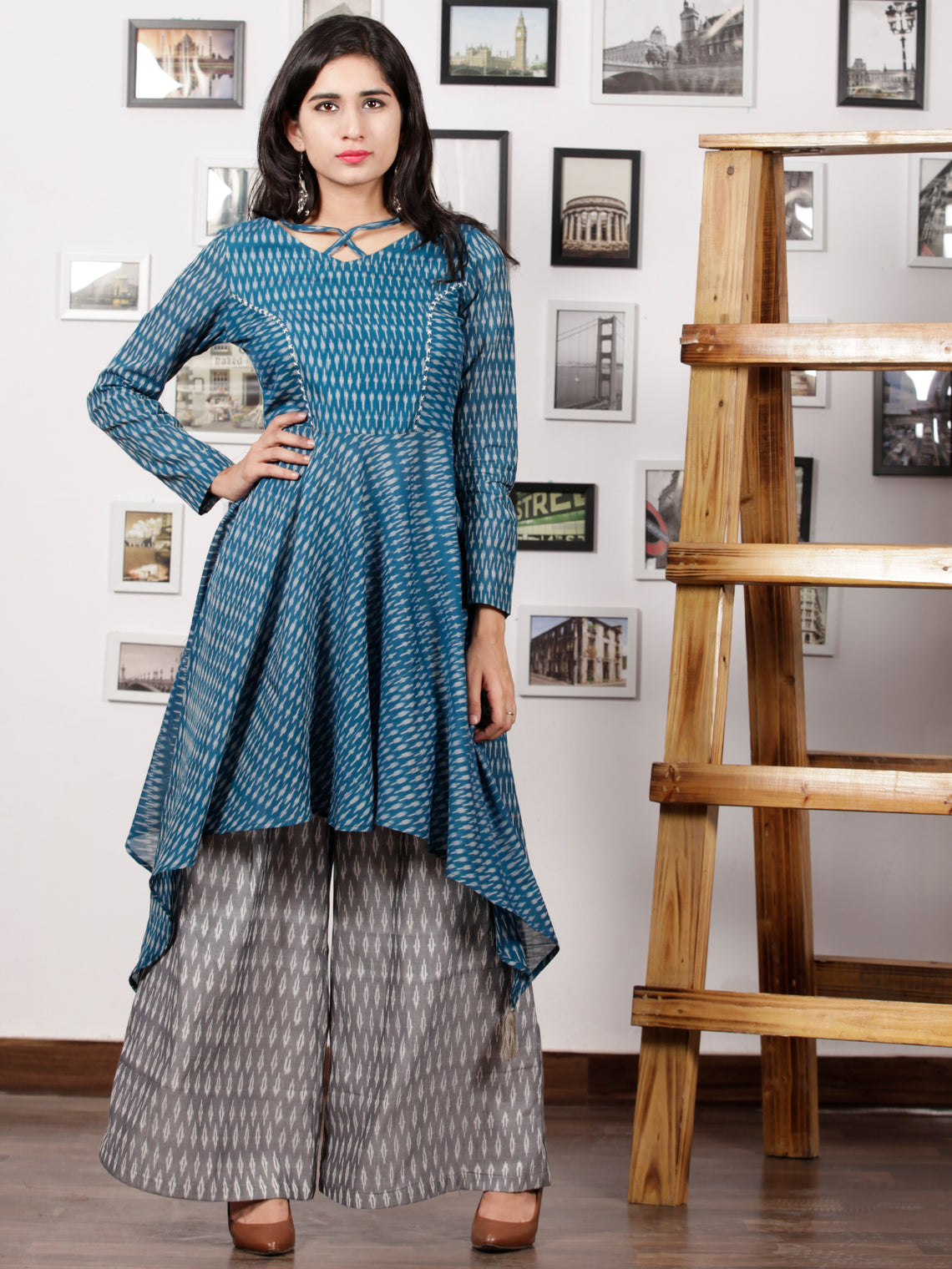 Teal Blue Grey Silk Cotton Ikat Asymmetric Kurta & Culottes Dress (Set ...