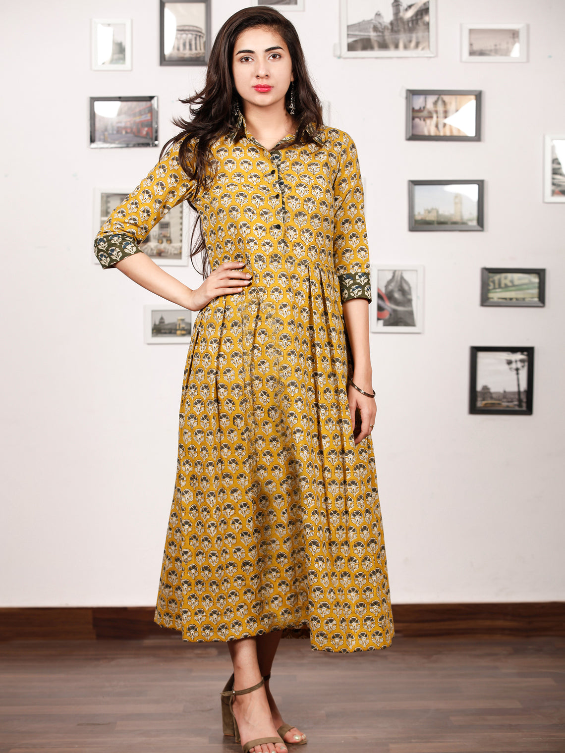 MUSTARD BLOOM - Hand Block Printed Cotton Long Dress - D329F1735 ...