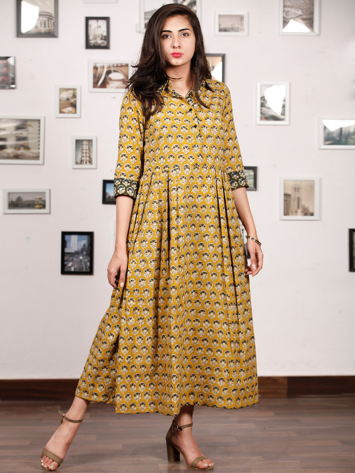 Mustard Bloom - Hand Block Printed Cotton Long Dress - D329f1735 