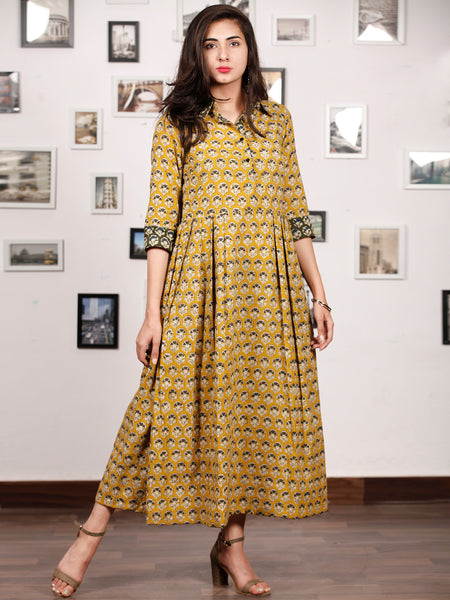 MUSTARD BLOOM - Hand Block Printed Cotton Long Dress - D329F1735 ...