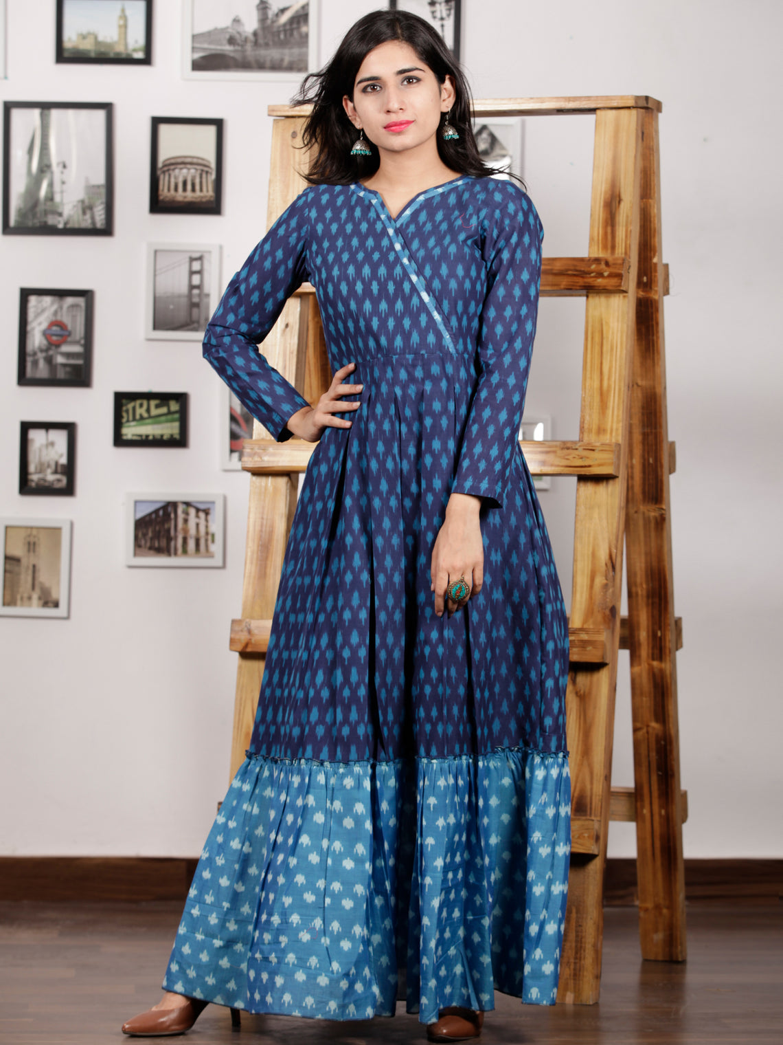 Indigo Blue Grey Handloom Mercerised Ikat Long Cotton Tier Dress With ...