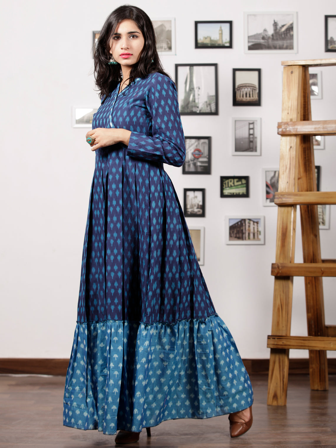 Indigo Blue Grey Handloom Mercerised Ikat Long Cotton Tier Dress With 