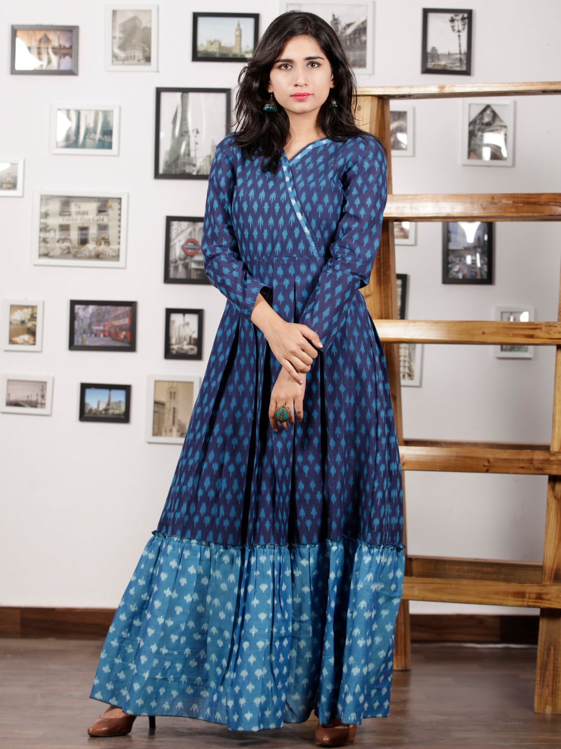 Indigo Blue Grey Handloom Mercerised Ikat Long Cotton Tier Dress With ...