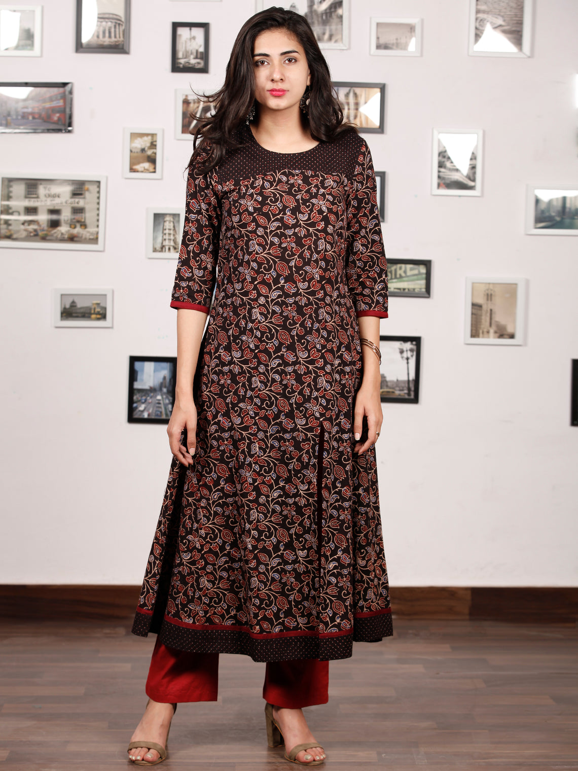 Black Maroon Indigo Ajrakh Hand Block Printed Kurta With Front Slit ...