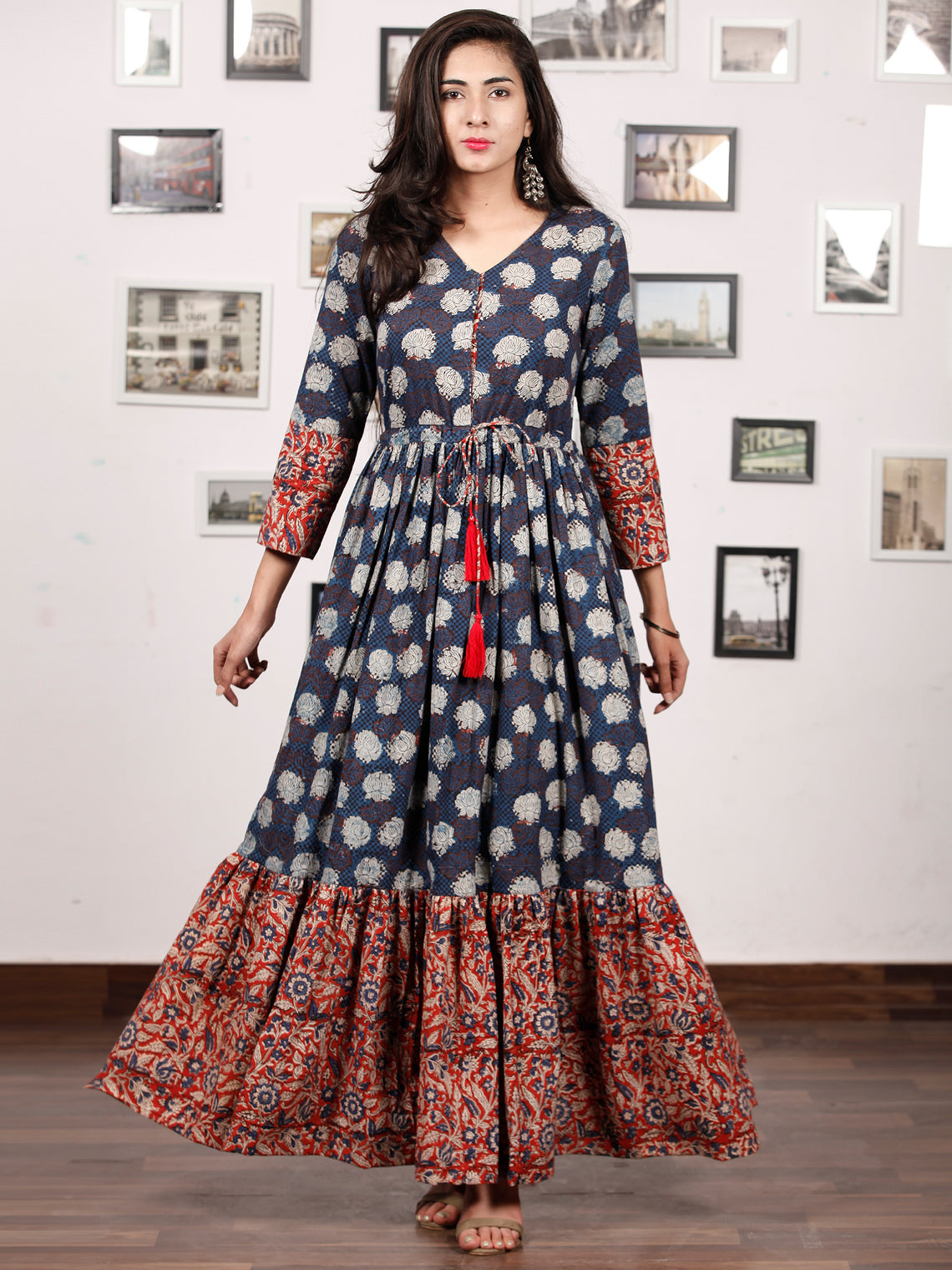 Floral Dress Up - Hand Block Printed Cotton Long Tie Up Waist Dress ...