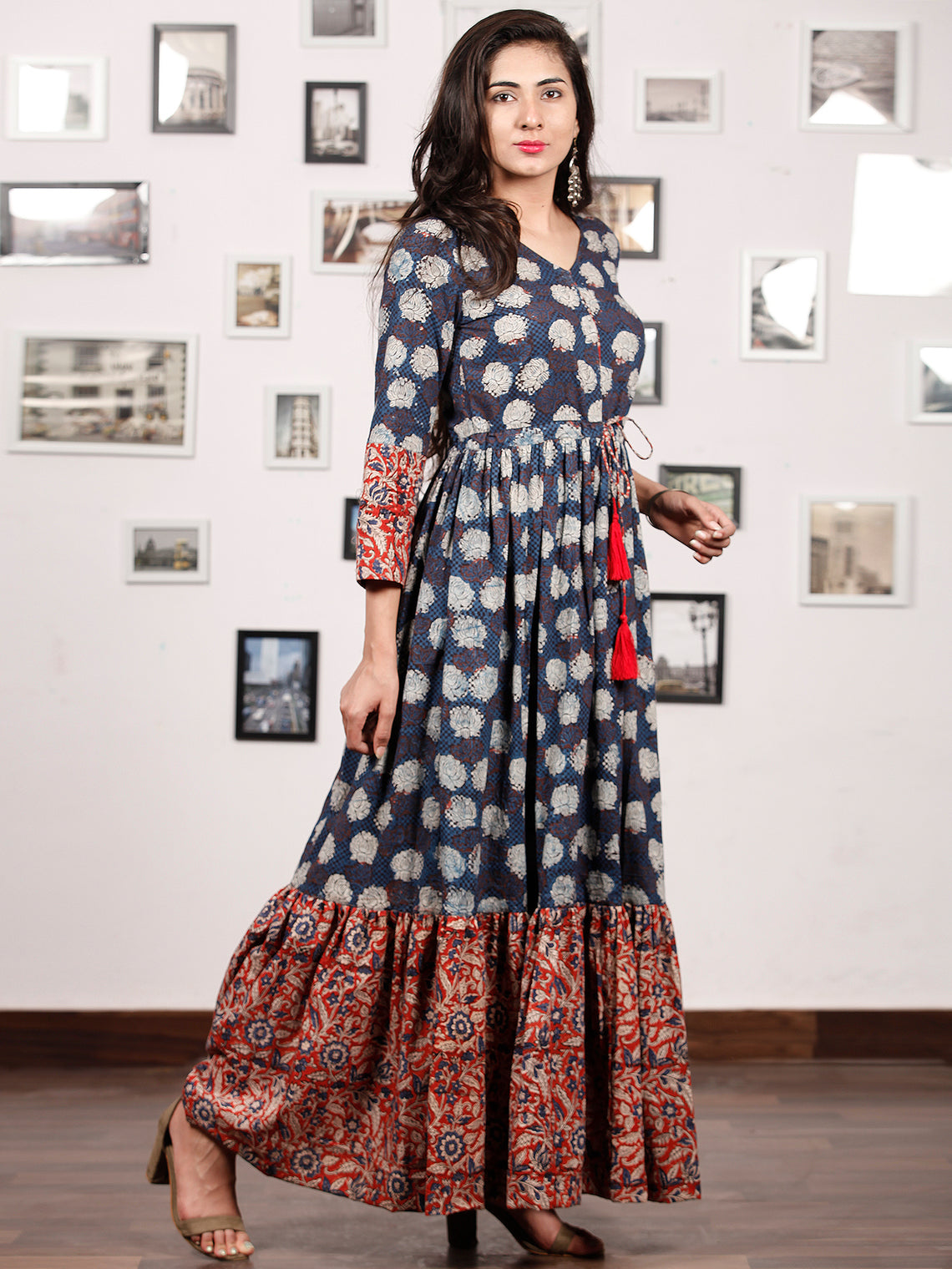 Floral Dress Up - Hand Block Printed Cotton Long Tie Up Waist Dress ...