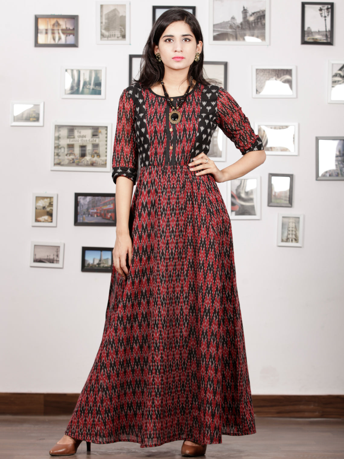 Maroon Black Handloom Mercerised Ikat Long Cotton Princess Cut Dress ...