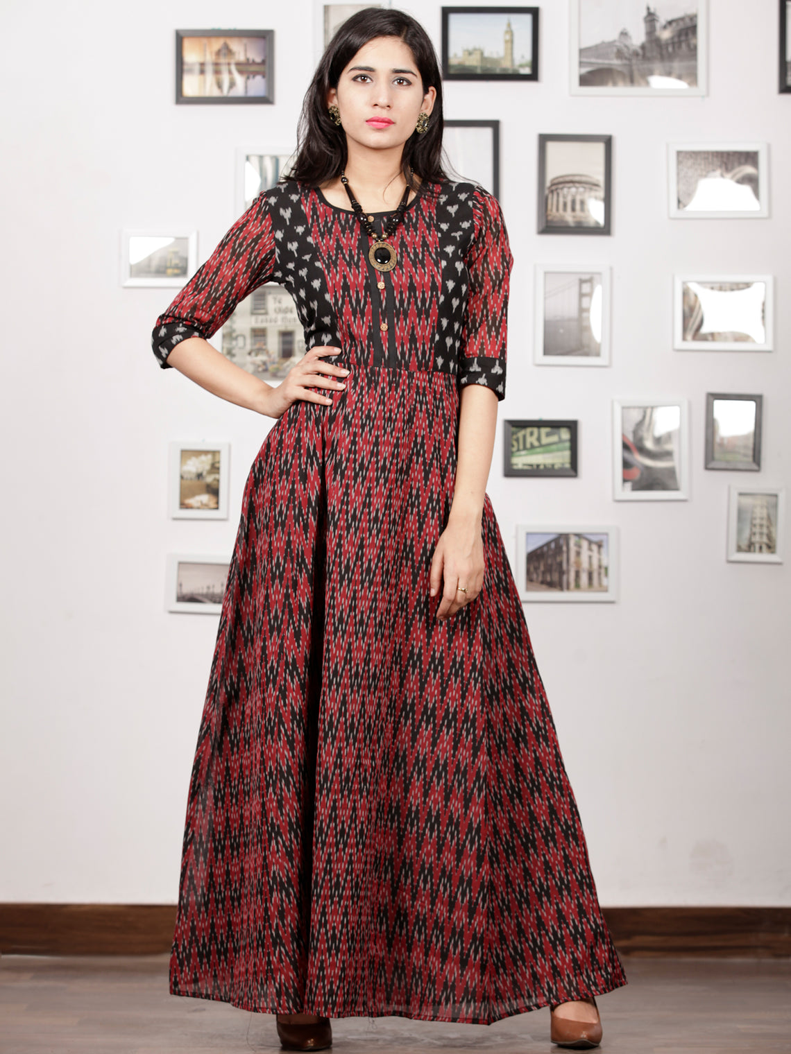 Maroon Black Handloom Mercerised Ikat Long Cotton Princess Cut Dress ...