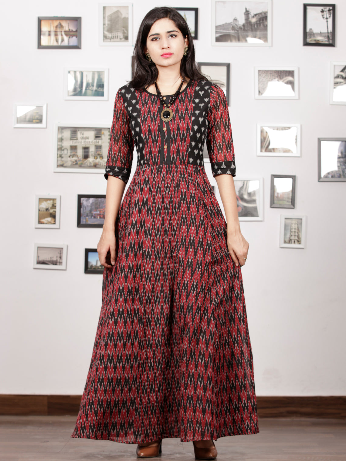 Maroon Black Handloom Mercerised Ikat Long Cotton Princess Cut Dress ...