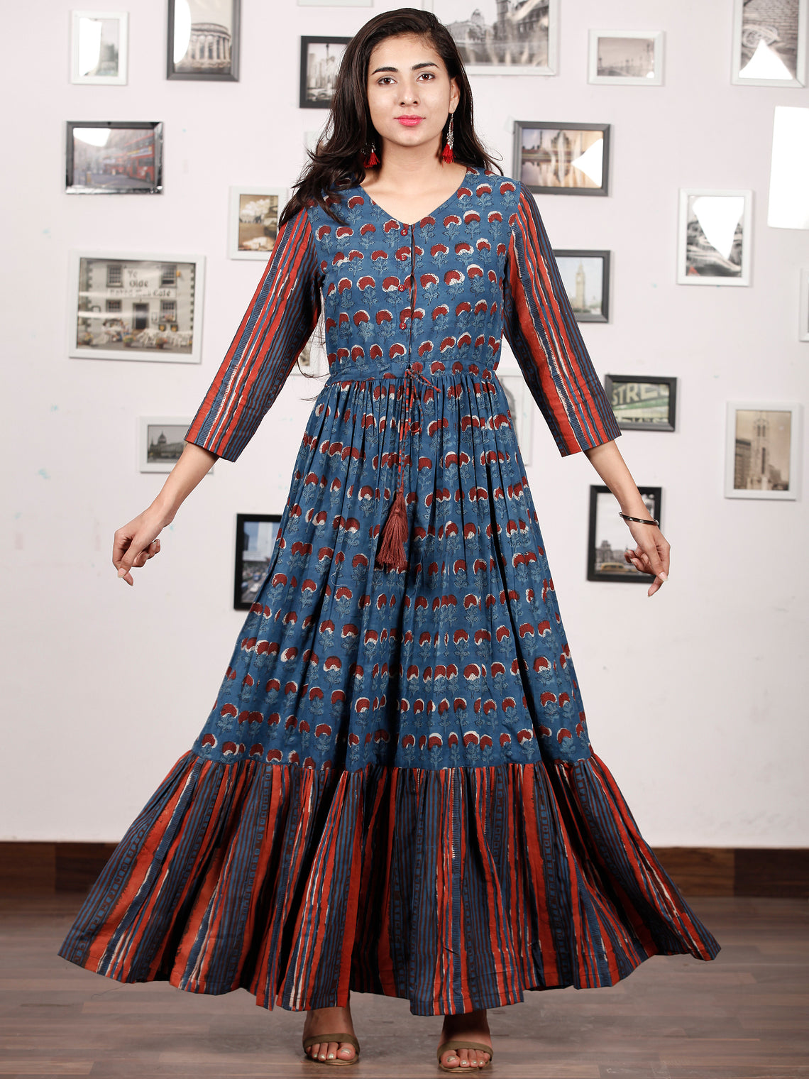 TRENDY RUSSET - Hand Block Printed Cotton Long Dress With Tie Up Waist ...