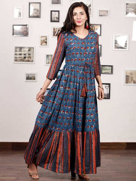 TRENDY RUSSET - Hand Block Printed Cotton Long Dress With Tie Up Waist ...