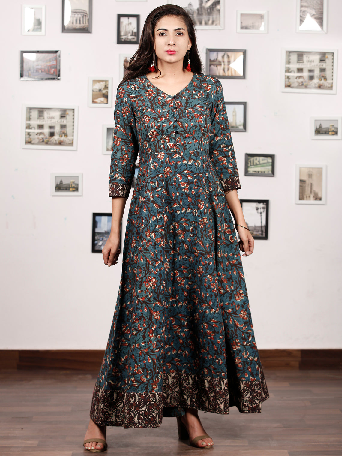 Forest Charm - Hand Block Printed Cotton Long Dress With Back Knots 