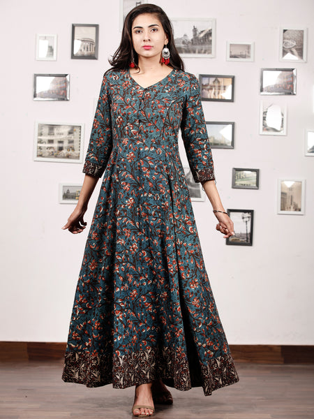 Forest Charm - Hand Block Printed Cotton Long Dress With Back Knots ...
