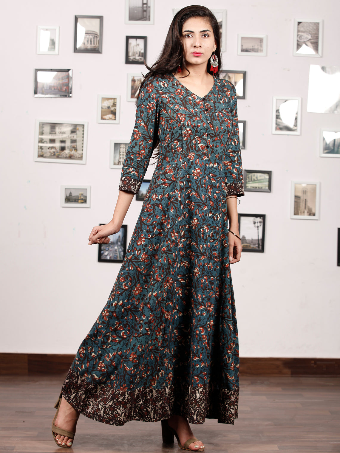 Forest Charm - Hand Block Printed Cotton Long Dress With Back Knots ...