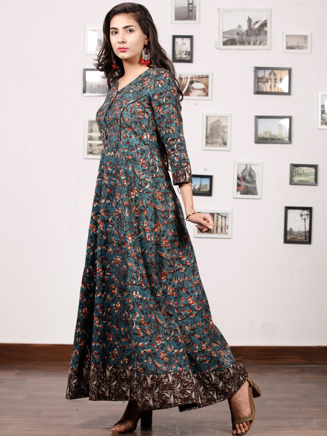 Forest Charm - Hand Block Printed Cotton Long Dress With Back Knots ...