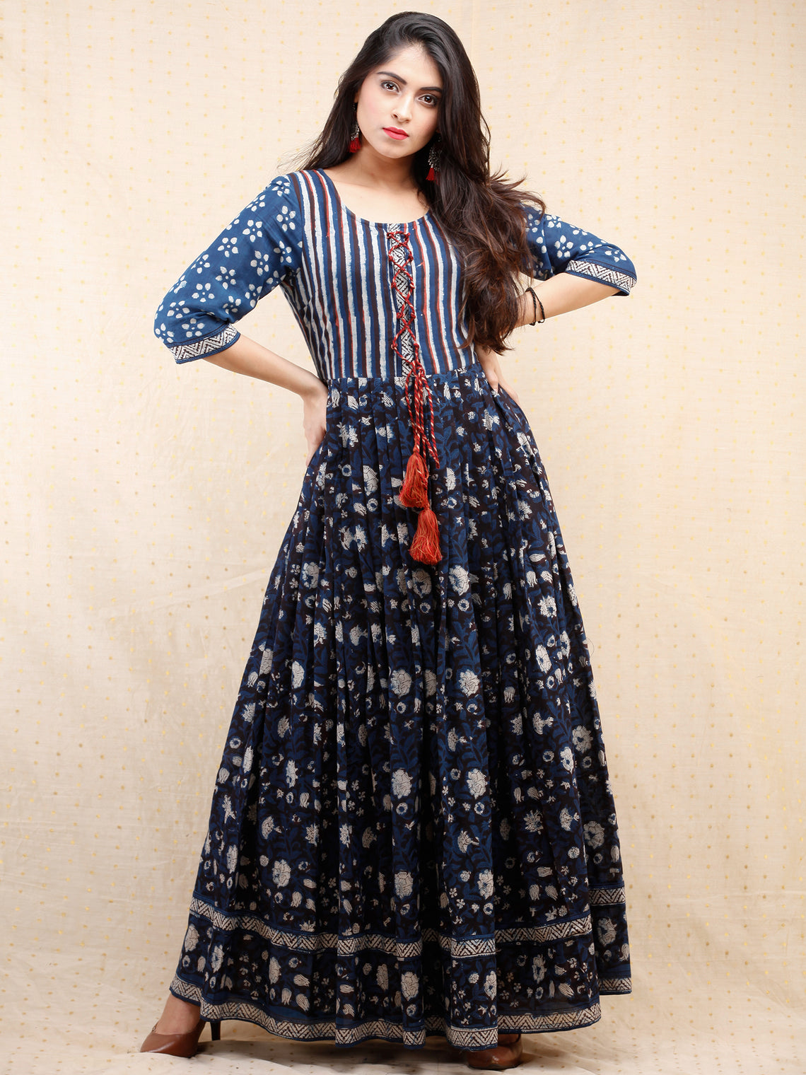 Naaz Nahiza - Hand Block Printed Long Cotton Pleated Dress With Tassel ...