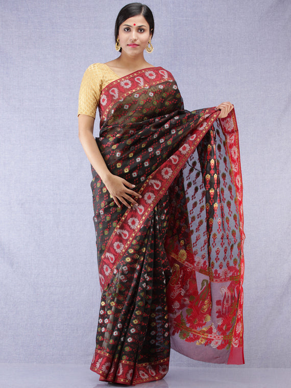 Banarasee Organza Saree With Zari & Resham Work - Black Red & Gold - S031704315