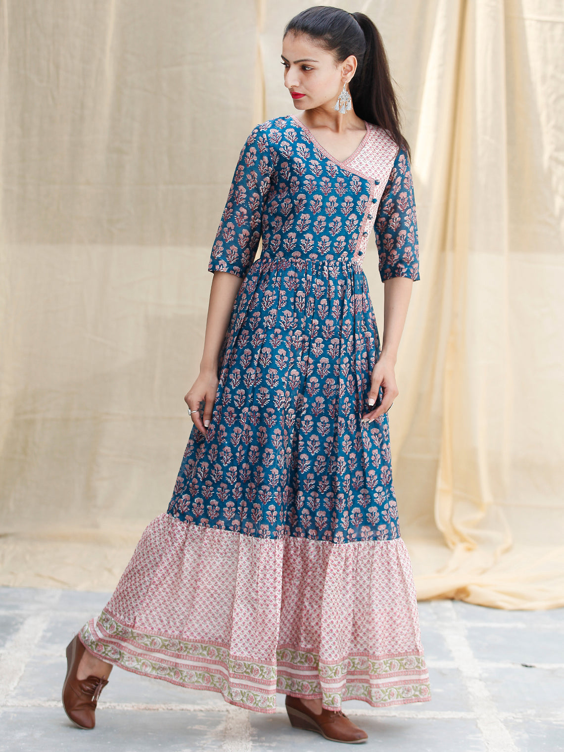 Blocks Ballad - Hand Block Printed Long Angrakha Chanderi Dress - D355 ...