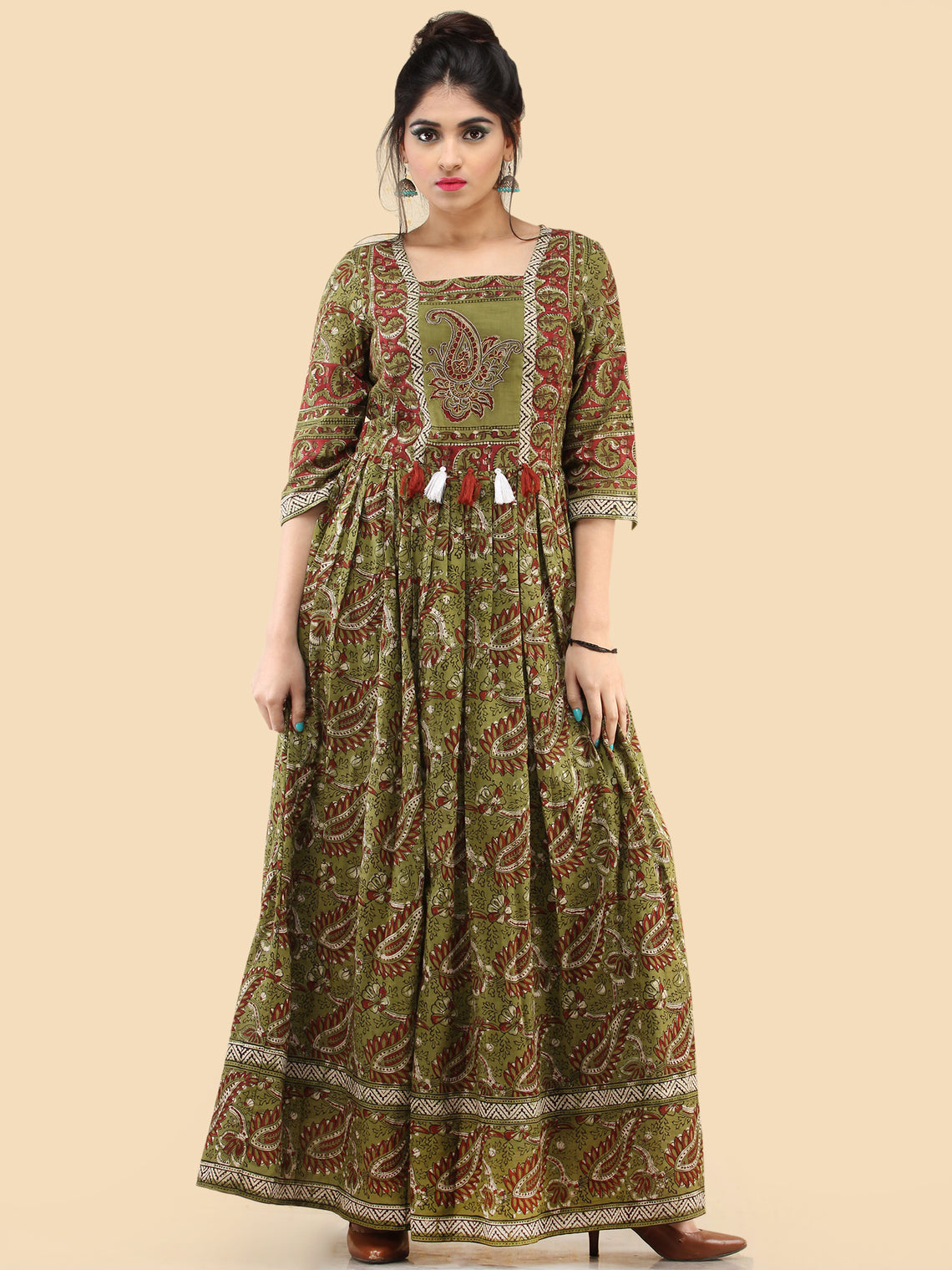 Naaz Ada - Hand Block Printed Long Cotton Dress With Gathers & Tassels ...