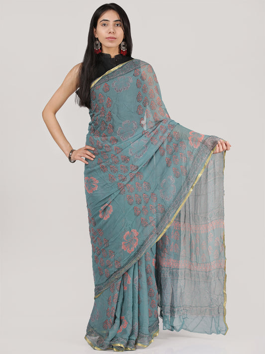 Pastel Blue White Hand Block Printed Chiffon Saree with Zari Border -  S031703937