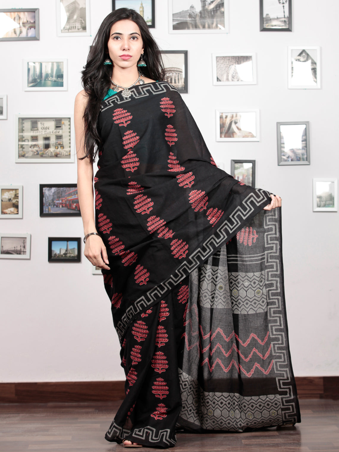Black Red Grey Hand Block Printed Cotton Mul Saree With Mirror Work ...