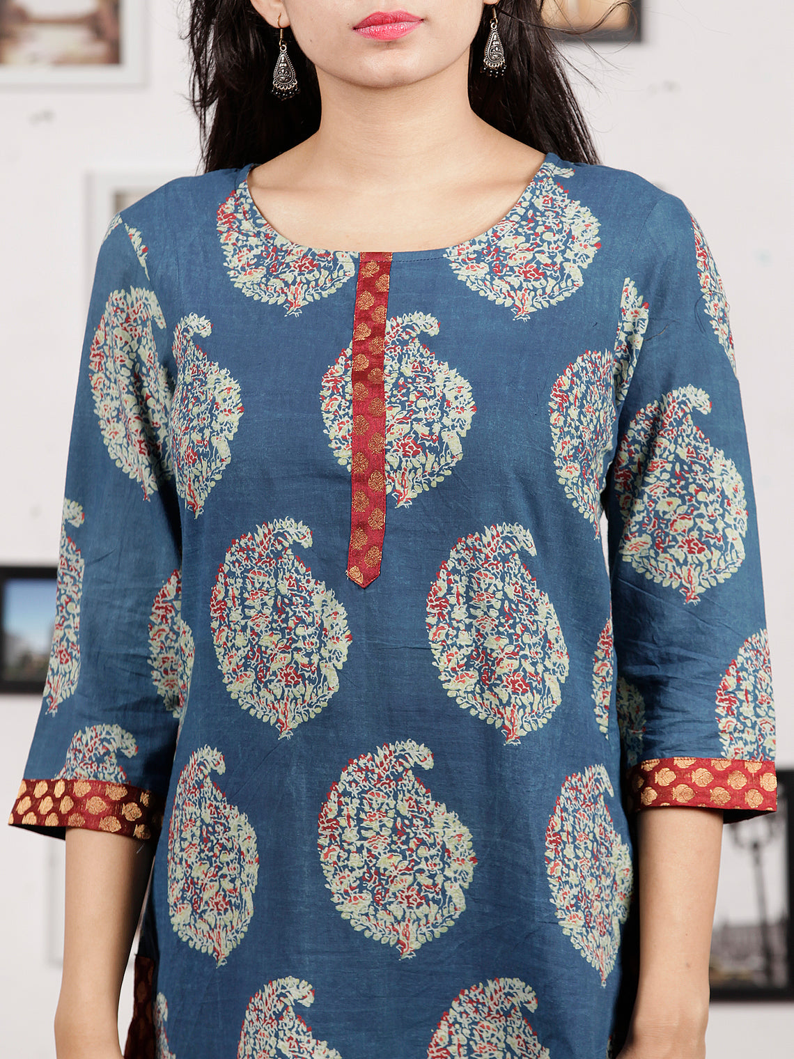 Indigo Green Red Ajrakh Hand Block Printed Kurta in Natural Colors - K ...