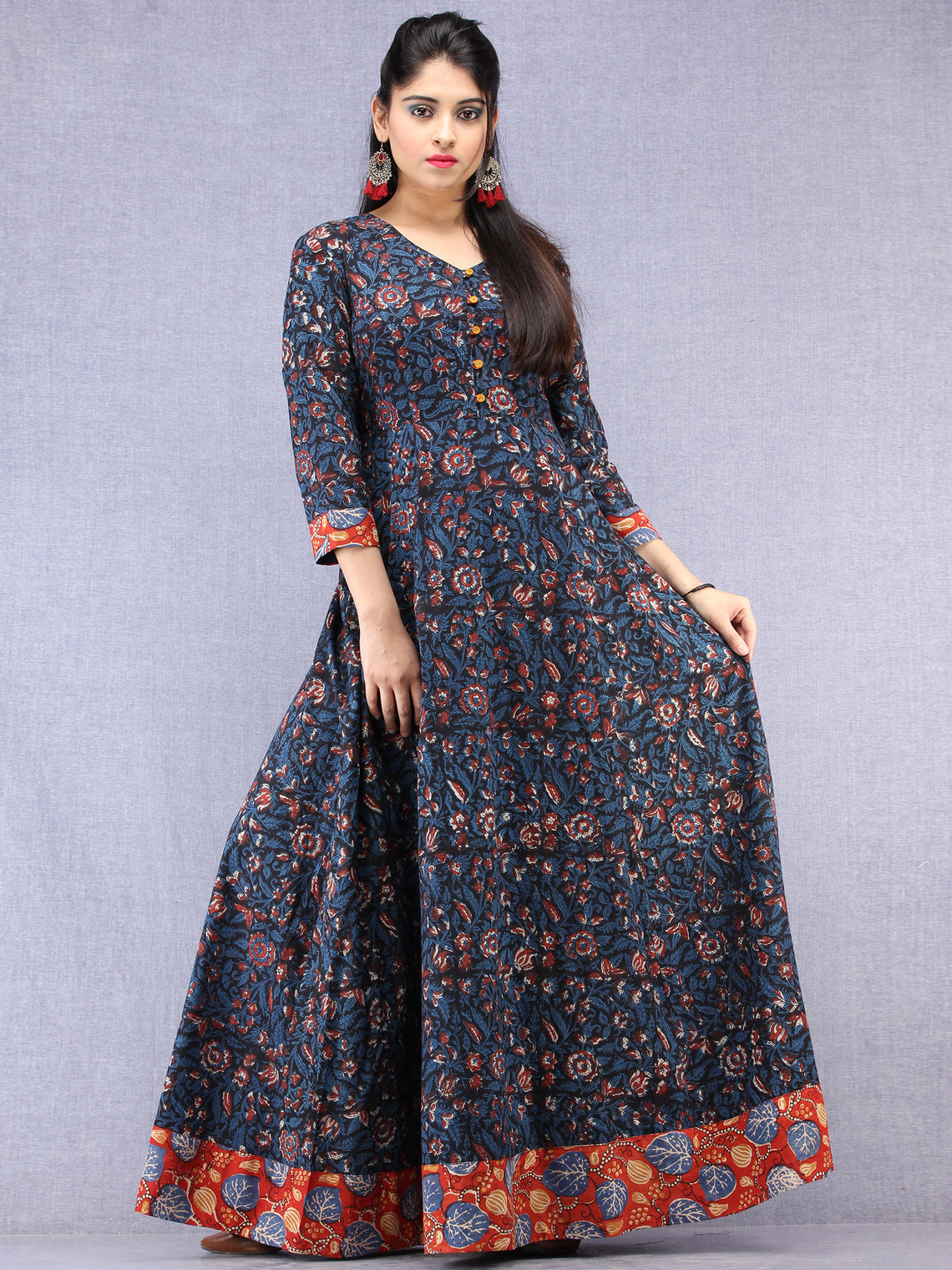 Nazmin - Hand Block Printed Long Cotton Dress With Back Knots - D162F1 ...