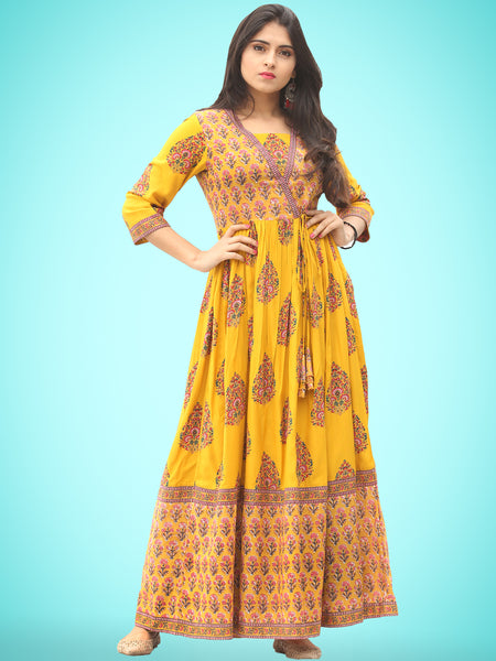 Motif Saga - Hand Block Printed Long Angrakha Dress - D338F2057 – InduBindu