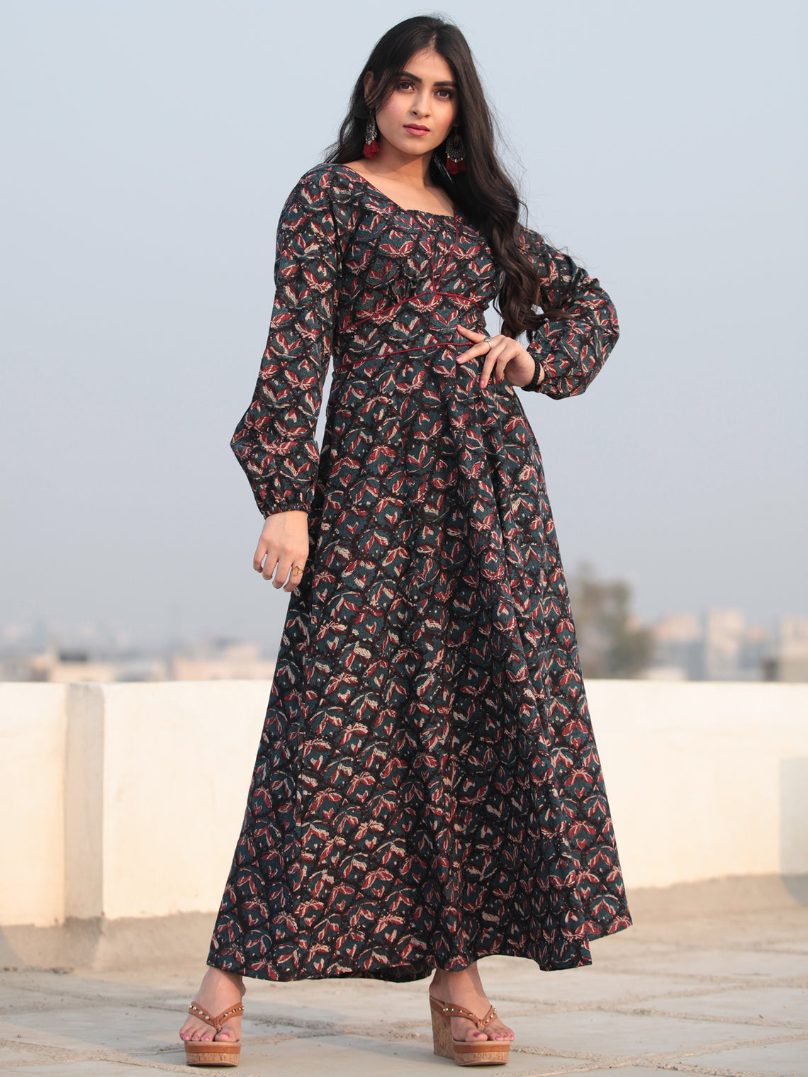 Black Indigo Maroon Hand Block Printed Deep Back Cotton Long Dress D46 ...