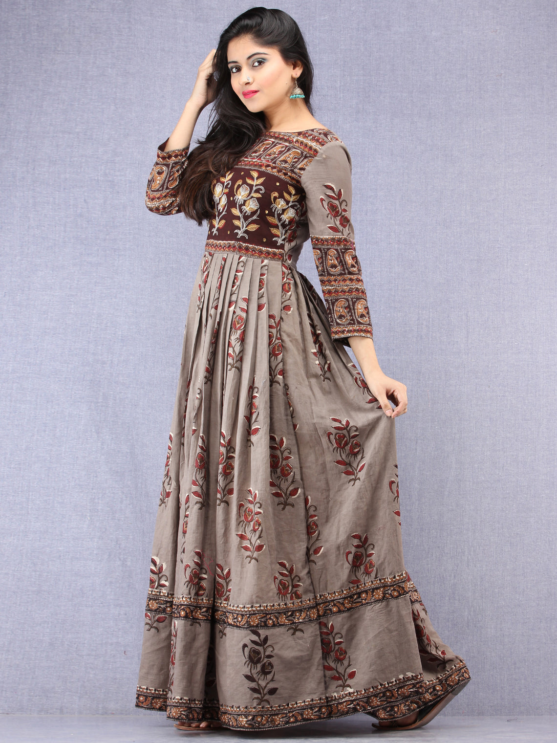 Naaz Falak - Hand Block Mughal Printed Long Cotton Embroidered Dress ...