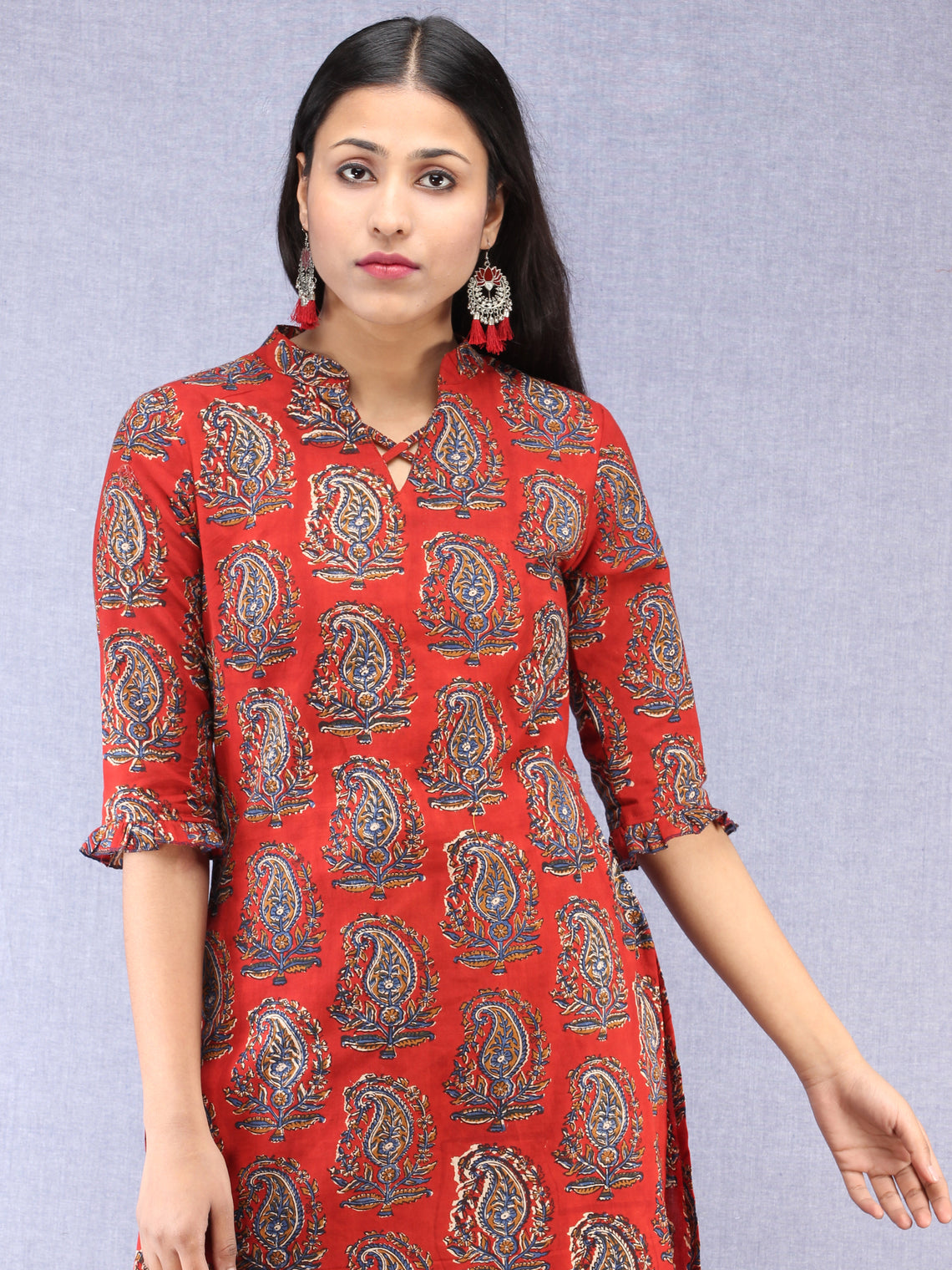 Red Indigo Hand Block Printed Kurta With Stand Collar - K201F1827 ...