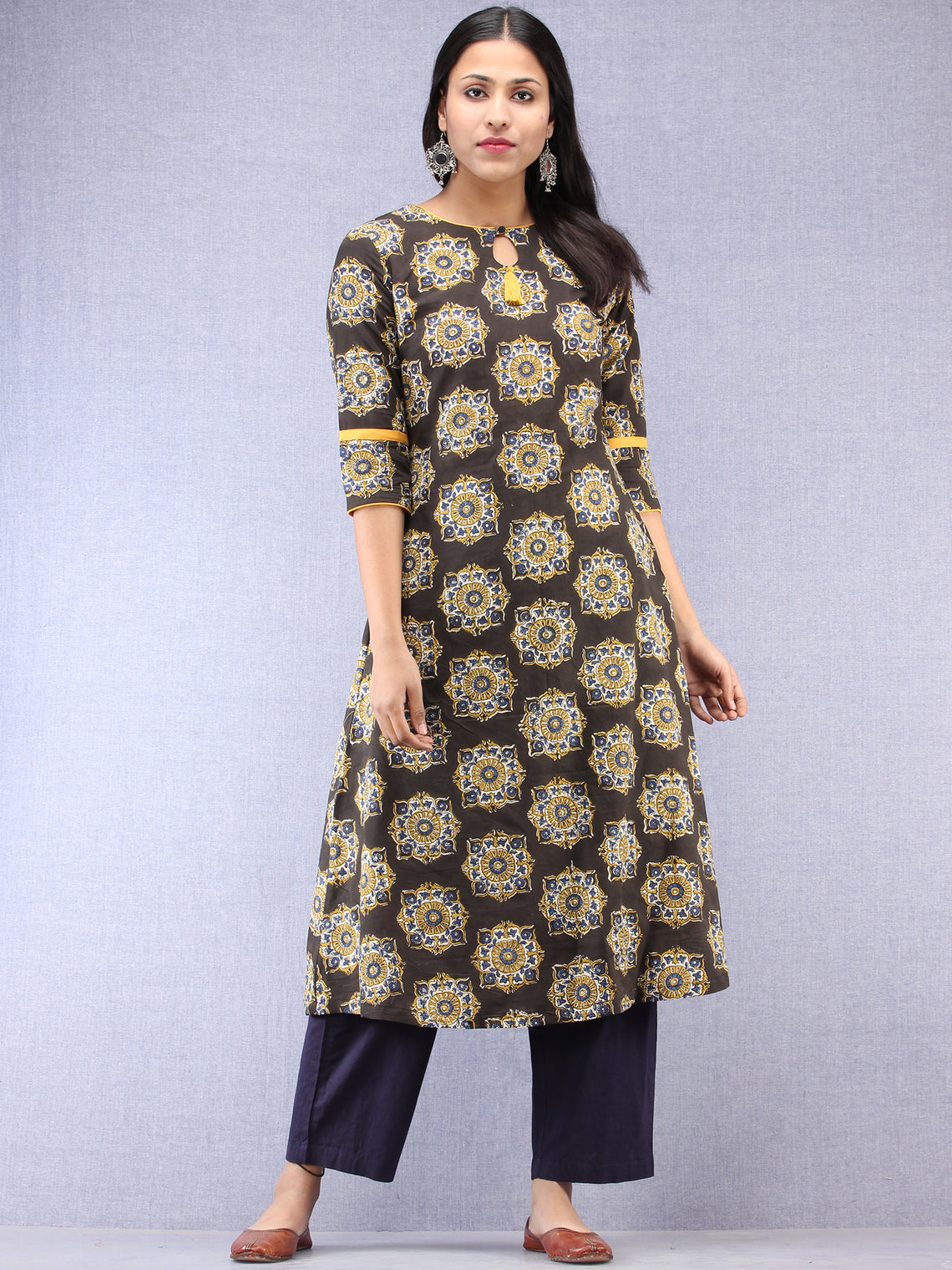 Charcoal Black Mustard Ajrakh Hand Block Printed Kurta With Side Pocke ...