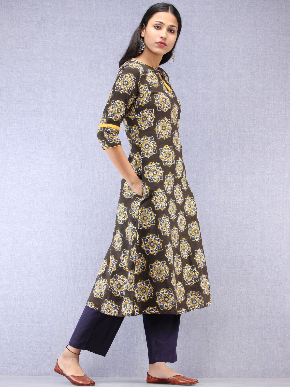 Charcoal Black Mustard Ajrakh Hand Block Printed Kurta With Side Pocke ...