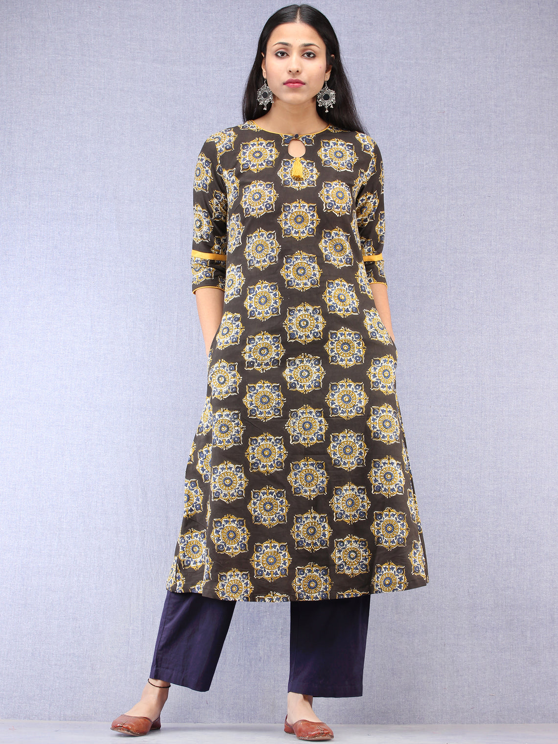 Charcoal Black Mustard Ajrakh Hand Block Printed Kurta With Side Pocke ...