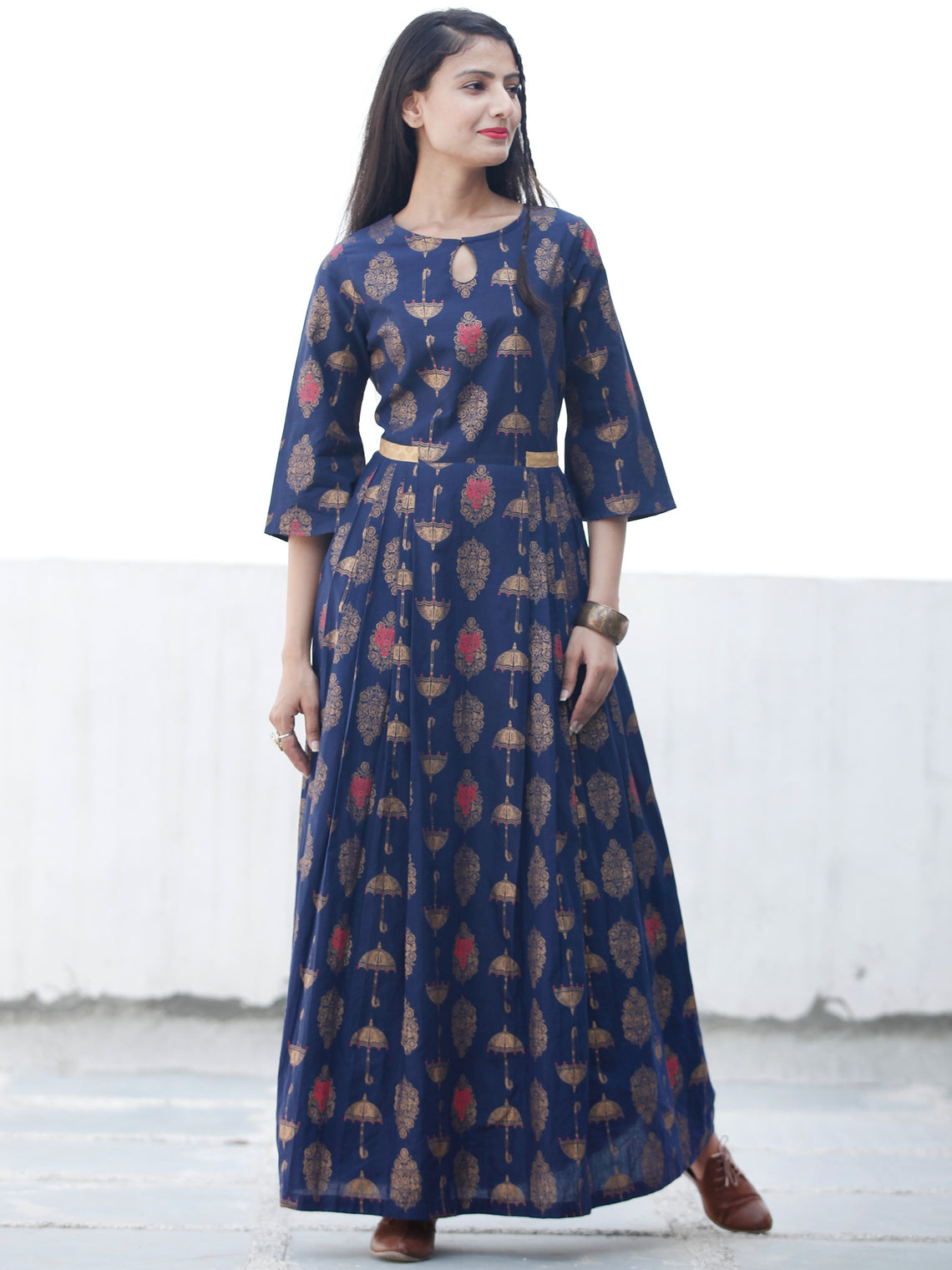 Indigo Gold - Hand Block Printed Cotton Long Dress - D337FYYY – InduBindu