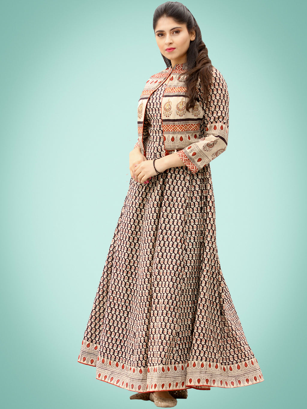 Naaz Roheen - Hand Block Printed Long Cotton Embroidered Jacket ...