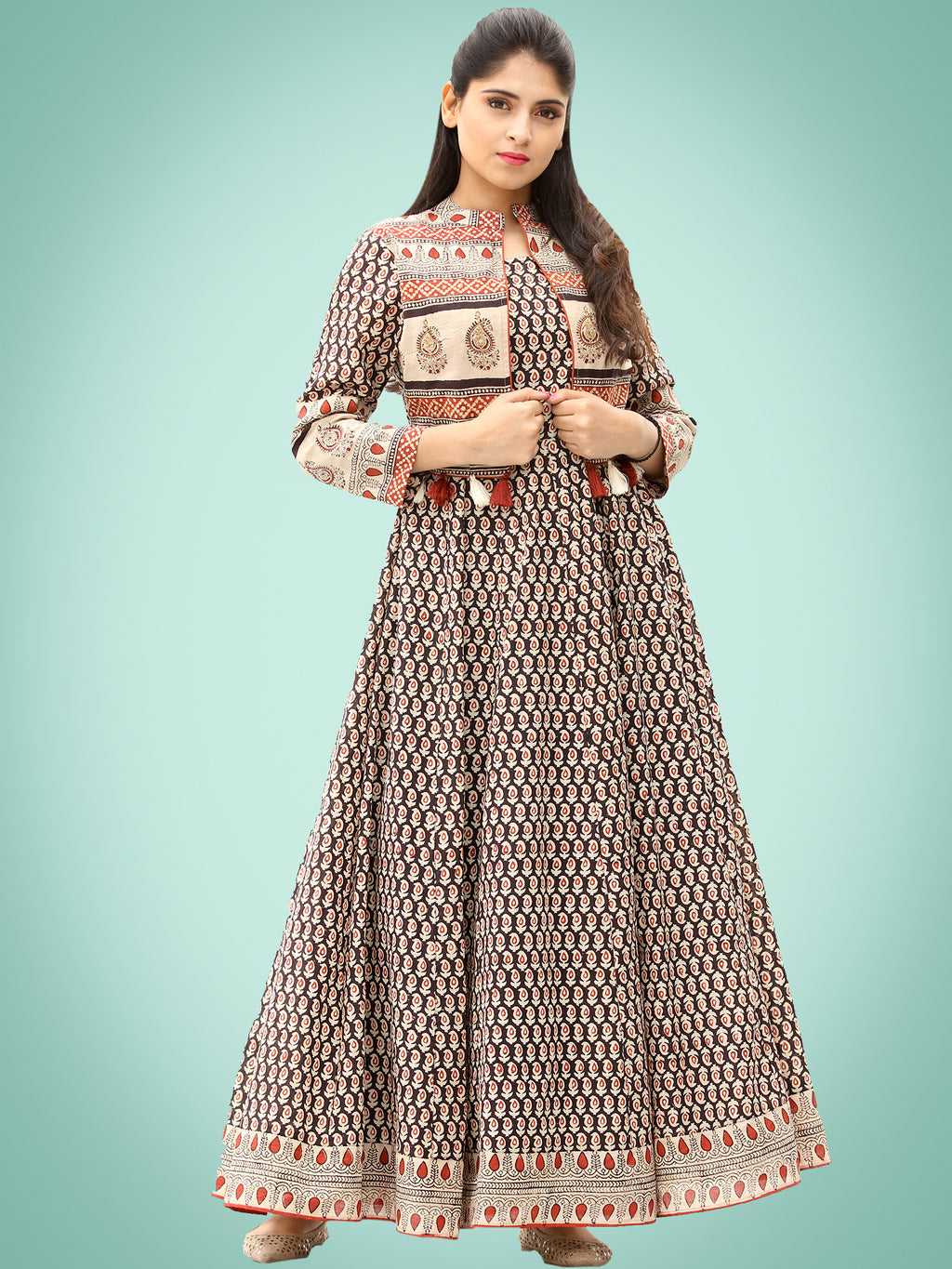 Naaz Roheen - Hand Block Printed Long Cotton Embroidered Jacket ...
