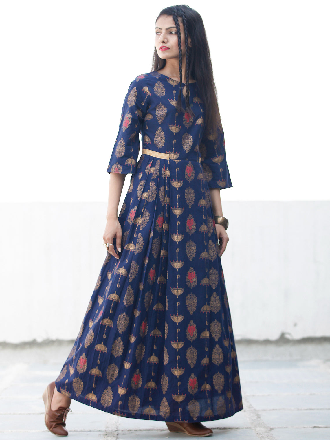 Indigo Gold - Hand Block Printed Cotton Long Dress - D337FYYY – InduBindu
