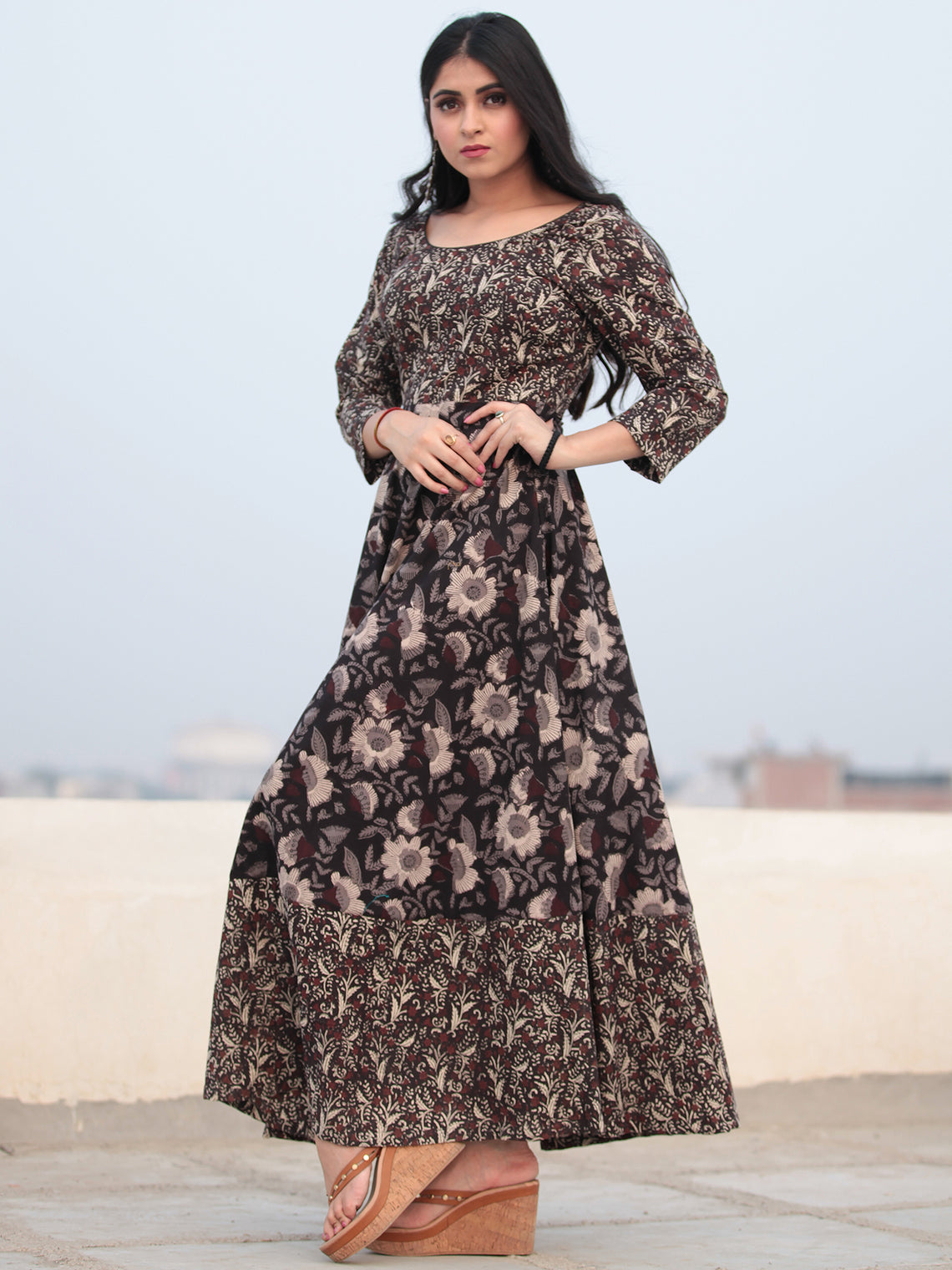 Tareen - Black Beige Brown Hand Block Printed Cotton Long Dress D150F2 ...