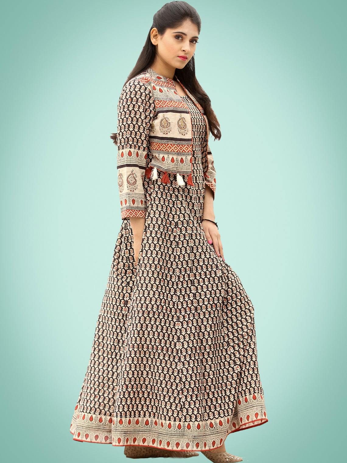 Naaz Roheen - Hand Block Printed Long Cotton Embroidered Jacket Dress ...