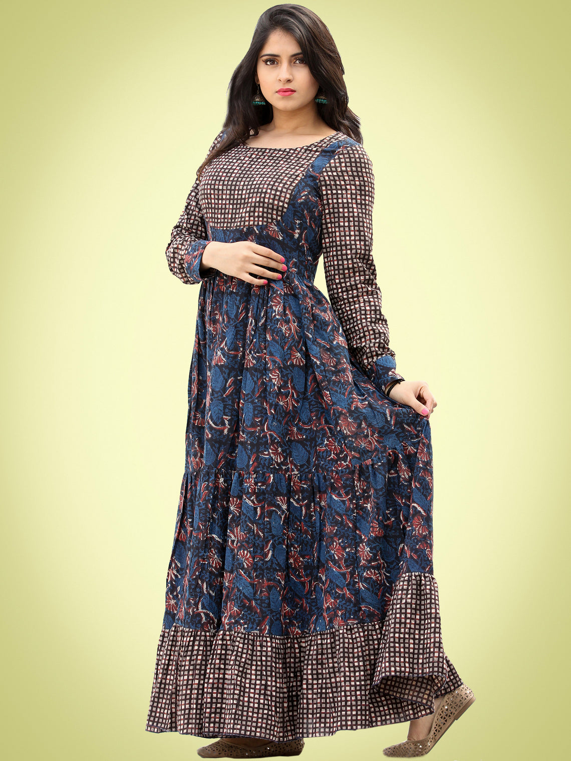 Nuzrat - Indigo Brown Black Hand Block Printed Cotton Long Tier Dress ...