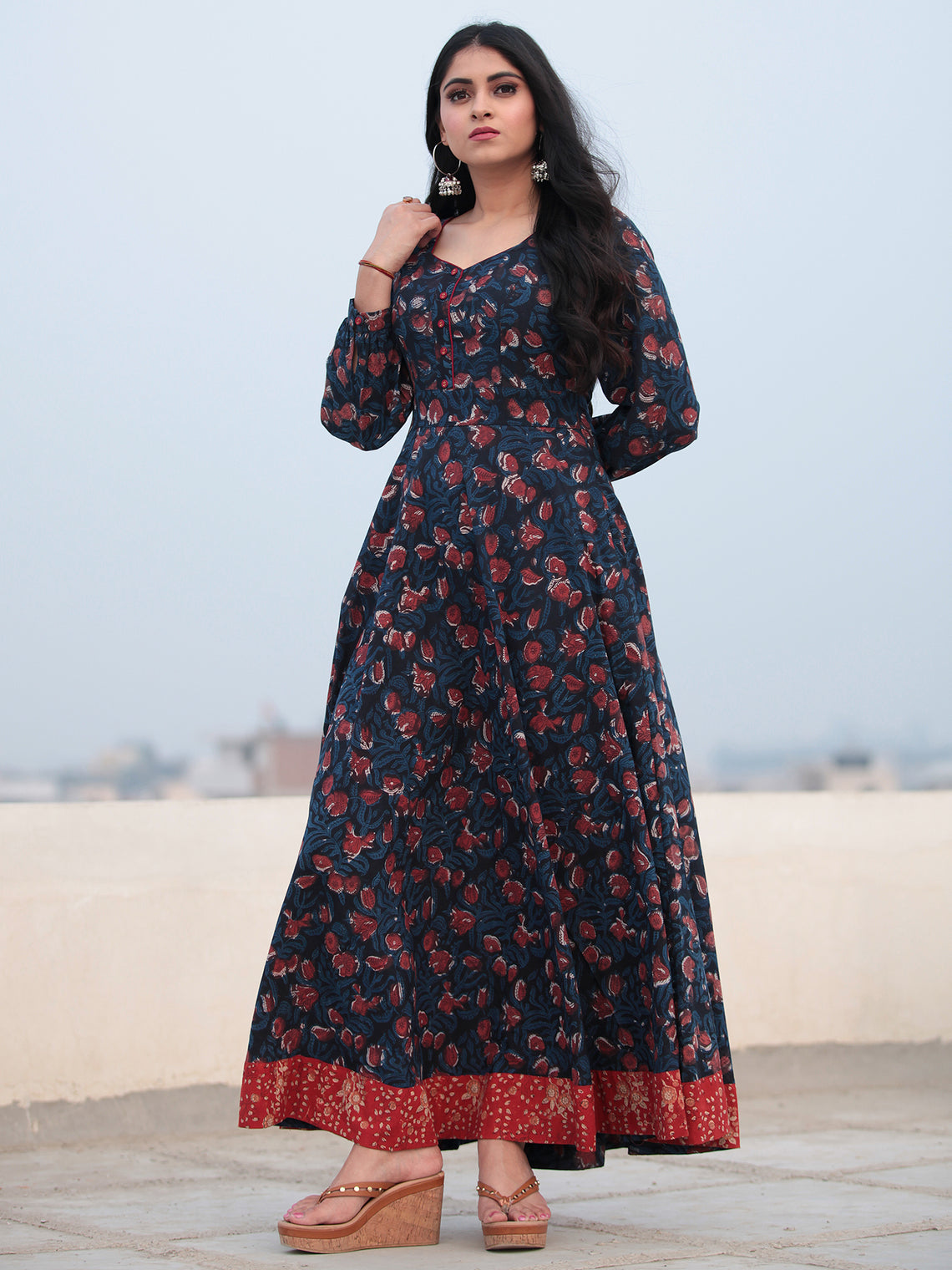 Indigo Rust Hand Block Printed Cotton Long Dress D465F1138 – InduBindu