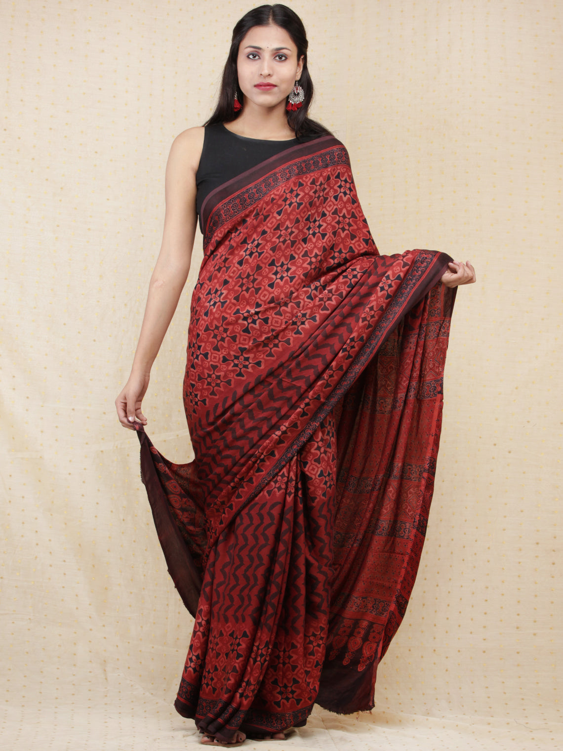 Ajrakh Hand Block Printed Modal Silk Saree at InduBindu