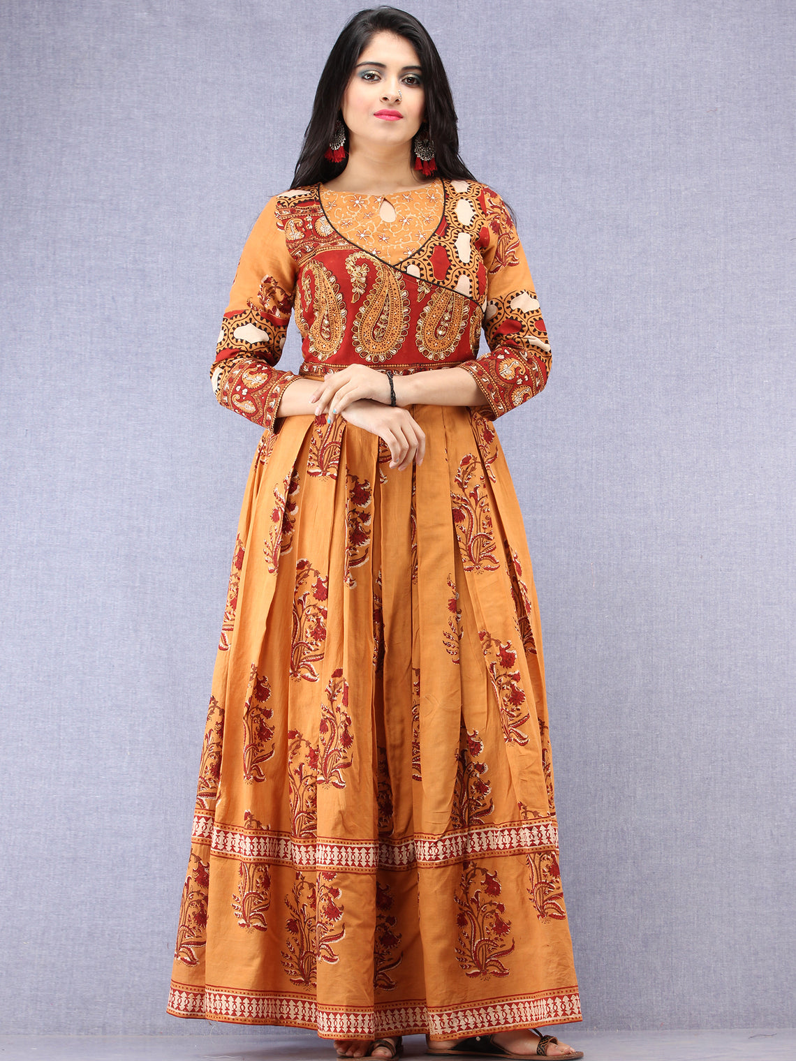 Naaz Pardeiza - Hand Block Mughal Printed Long Cotton Embroidered Angr ...