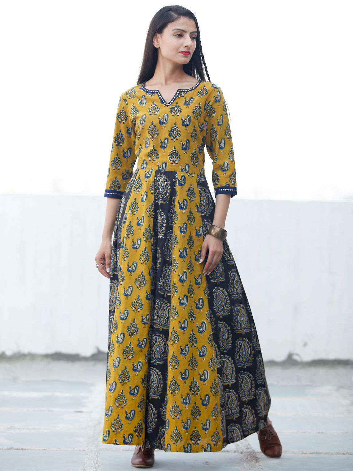 Classic Peacock - Hand Block Printed Long Cotton Sequence Work Dress ...