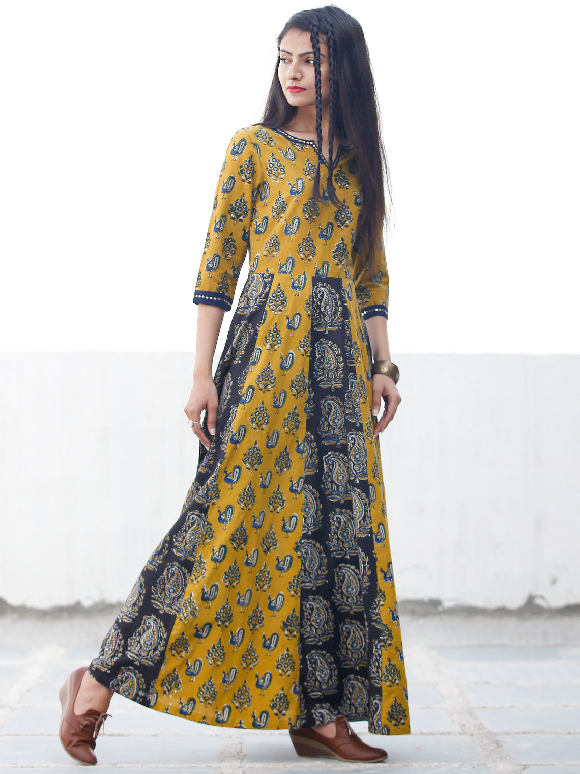 Classic Peacock - Hand Block Printed Long Cotton Sequence Work Dress ...