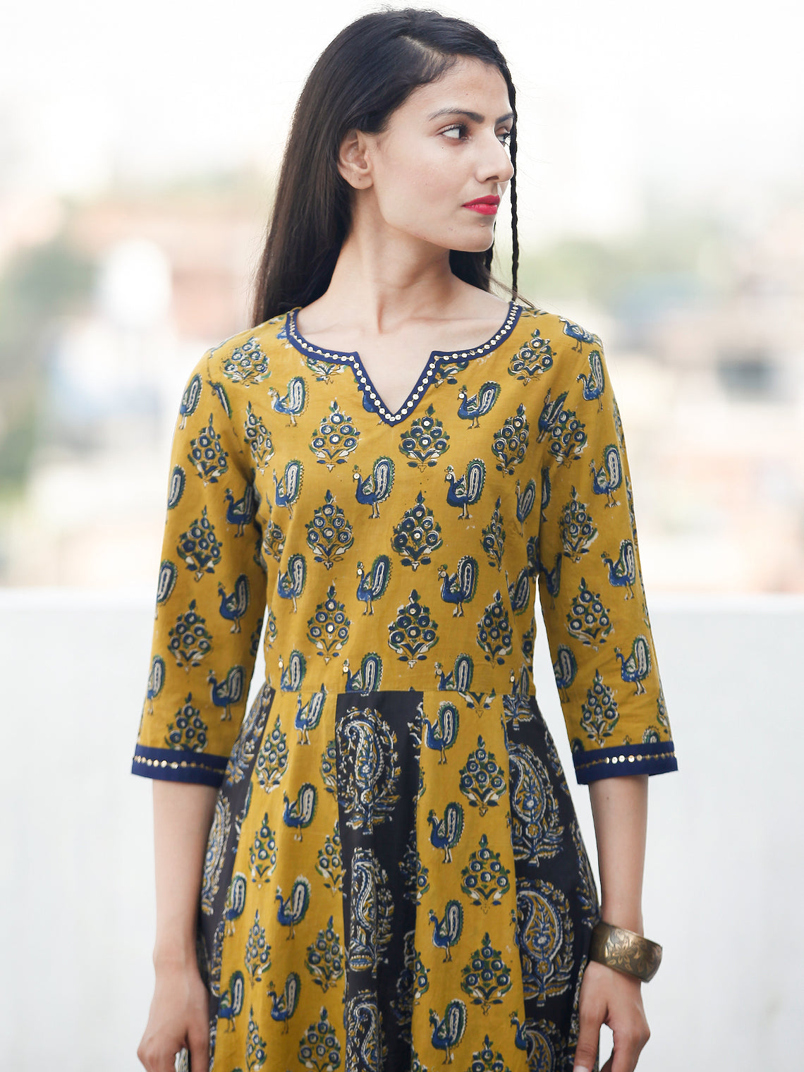 Classic Peacock - Hand Block Printed Long Cotton Sequence Work Dress ...